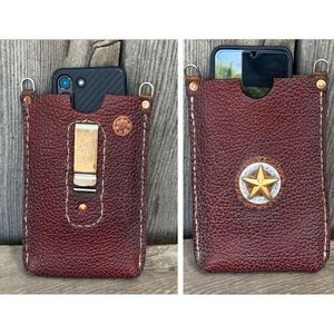 Handmade Leather Burgundy Mobile Cell Phone Carrying Case with Texas Star